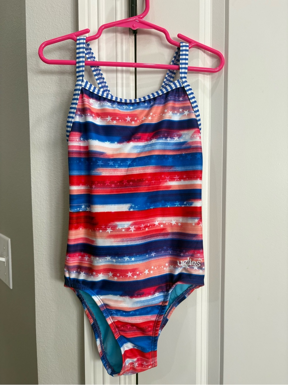 Uglies red white blue with stars one piece swimsuit girls 10 GUC